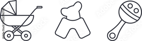 Collection of baby care and toy icons: stroller, bib, and rattle