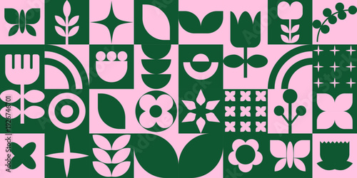 Spring flowers banner, flyer, poster. Geometric background in pink and green colors.