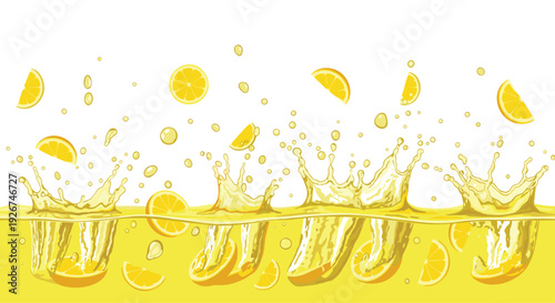 Multiple lemon slices and halves splash into a horizontal pool of yellow juice creating four distinct crown waves.
