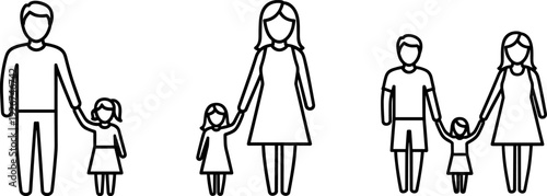 Minimal line art set of family icons showing parents and children holding hands in three groups