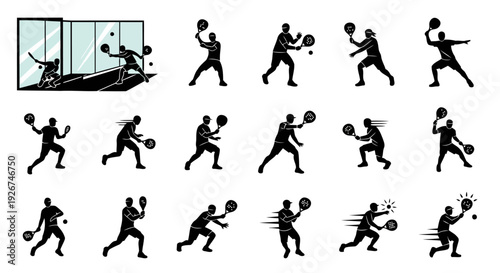 Premium collection of twelve distinctive padel tennis athlete icons in bold black silhouette style. Features dynamic poses including overhead smash, side wall rebound, low defensive return