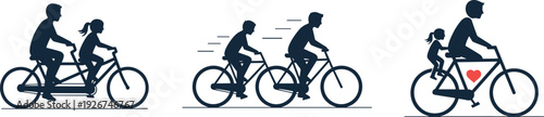 Family cycling silhouettes: tandem, two bikes, and child on seat