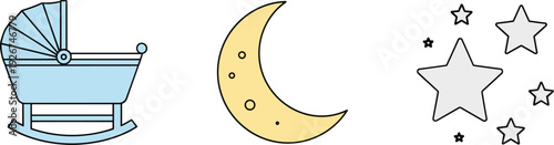 Baby bassinet, crescent moon, and stars icons for sleep and nighttime themes