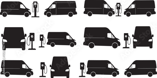 Electric vehicles charging at stations in silhouette style