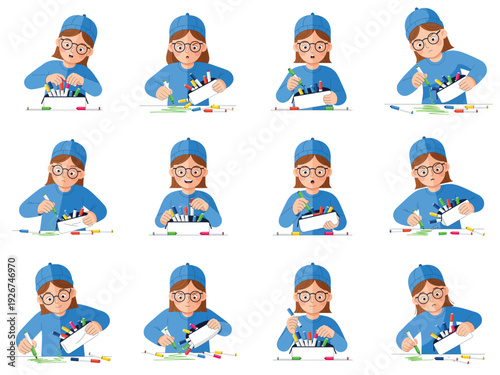 Girl organizing pills and medicine with various expressions