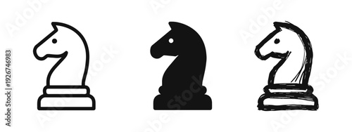 Chess Knight Piece Icon Set - Outline, Solid, and Hand-drawn Styles