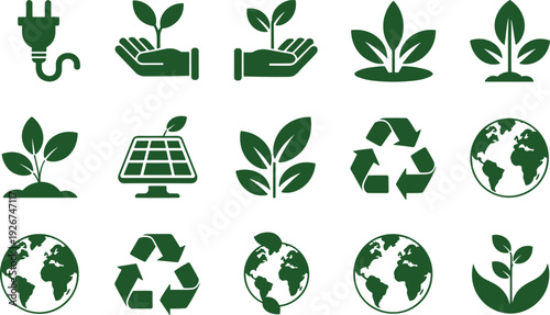 Collection of Green Eco-Friendly Icons for Sustainability, Renewable Energy, Recycling, and Environmental Protection Projects