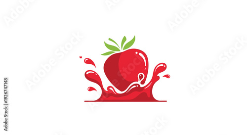 A red strawberry with green leaves falls into a pool of red juice creating a stylized splash with droplets on a plain white background.