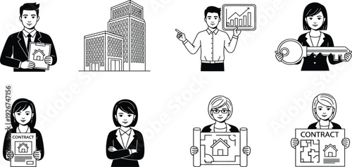 Real Estate Agent Character Set with Professional Business People Holding House Keys Contracts and Blueprints for Property Sales and Leasing