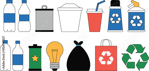 Collection of Recycling and Waste Icons, Including Bottles, Cans, Bags, and Recycling Symbols for Environmental and Sustainability Projects