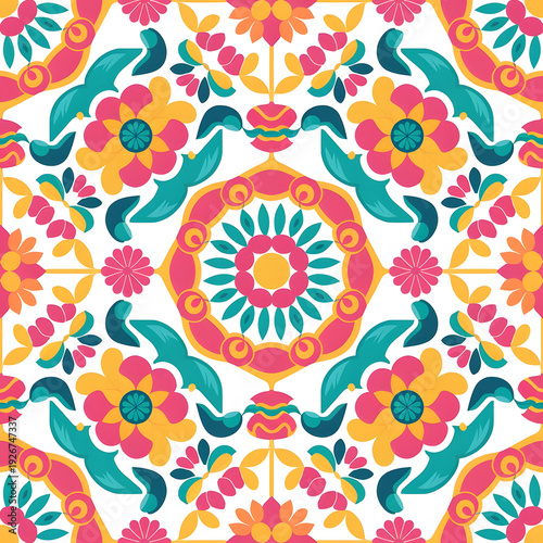 vector seamless repeating rangoli pattern in flat vector style. The design features symmetrical geometric shapes, floral motifs, peacocks, lotus flowers, and traditional oil lamps (divas).