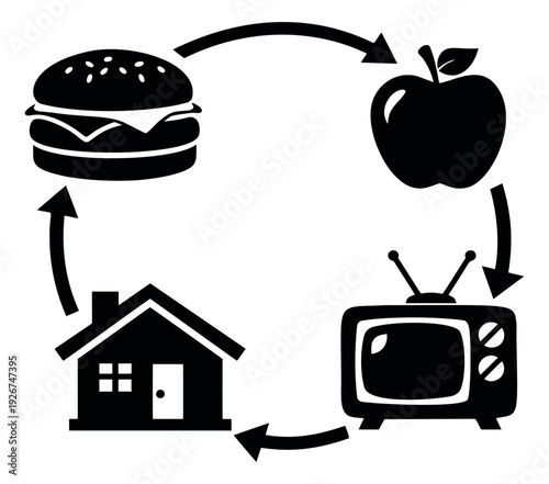 Simple icon set featuring a hamburger, apple, television, and house for illustrating a daily routine
