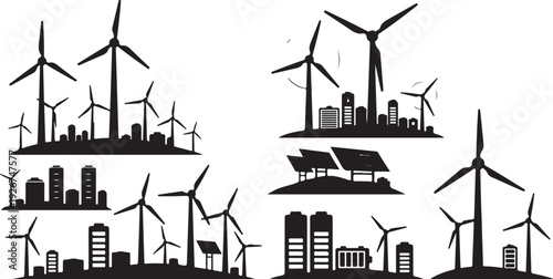 Wind Turbines and City Skyscrapers in Black Silhouette Vector