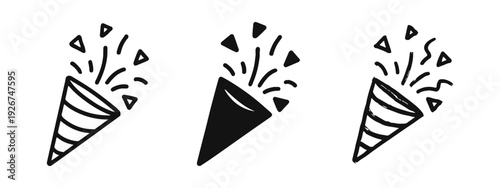 Confetti Party Popper Icon Set - Line, Filled, and Artistic Hand-Drawn Styles