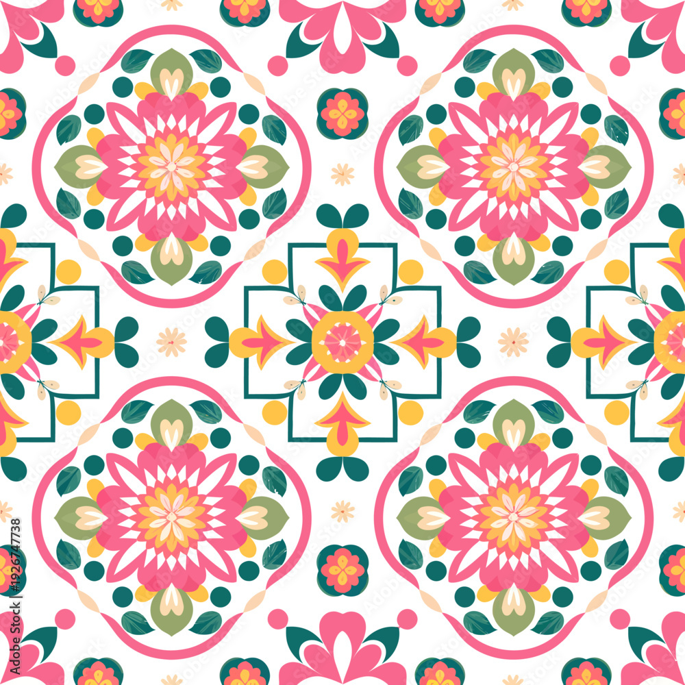 Fototapeta premium vector seamless repeating rangoli pattern in flat vector style. The design features symmetrical geometric shapes, floral motifs, peacocks, lotus flowers, and traditional oil lamps (divas).