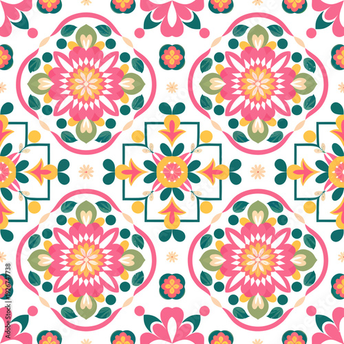 vector seamless repeating rangoli pattern in flat vector style. The design features symmetrical geometric shapes, floral motifs, peacocks, lotus flowers, and traditional oil lamps (divas).