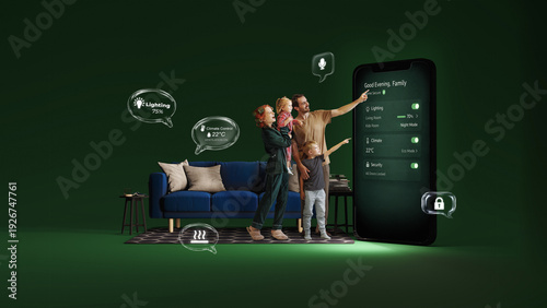 Foto Modern artwork family using smart home control app on large mobile interface