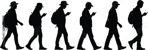 Silhouettes of people walking and using smartphones hats