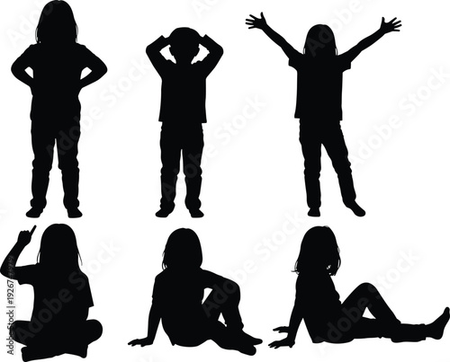 Six black silhouettes of young people in various poses on white background young adults