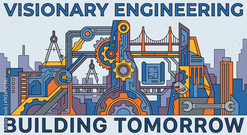 Colorful abstract engineering machine illustration with gears, blueprints, and tools representing innovation and urban development against a city skyline