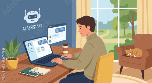 Young man working on a laptop chats with an AI assistant chatbot in a cozy home office with a sleeping cat in an armchair by a large window