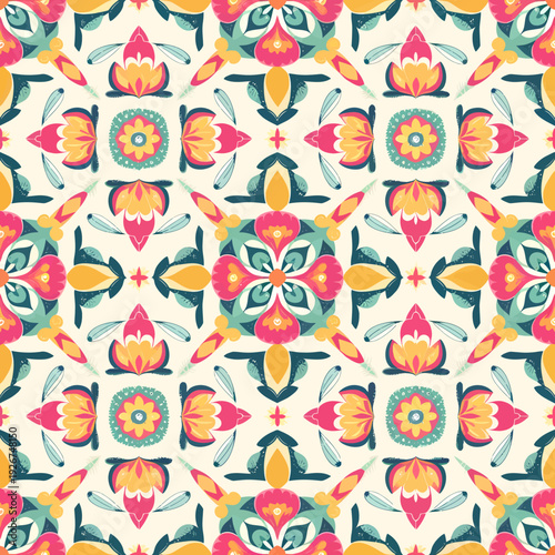 vector seamless repeating rangoli pattern in flat vector style. The design features symmetrical geometric shapes, floral motifs, peacocks, lotus flowers, and traditional oil lamps (divas).