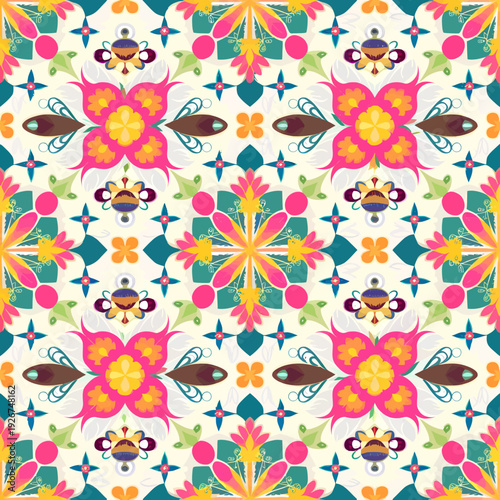vector seamless repeating rangoli pattern in flat vector style. The design features symmetrical geometric shapes, floral motifs, peacocks, lotus flowers, and traditional oil lamps (divas).