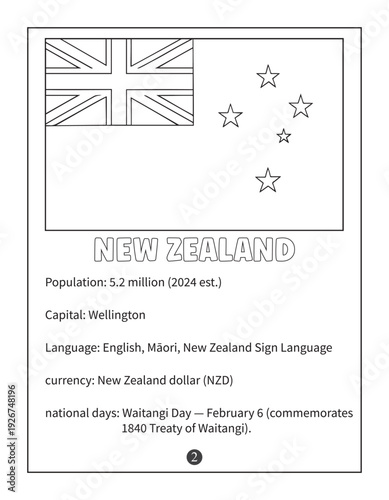 New Zealand Flag Coloring Page with National Facts and Information