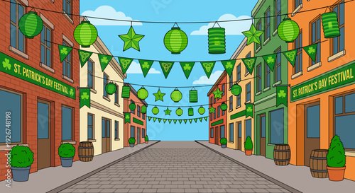 Festive street decorated with green lanterns and banners hangs above a charming cobblestone road lined with colorful buildings, celebrating a cheerful holiday in a vibrant cartoon style