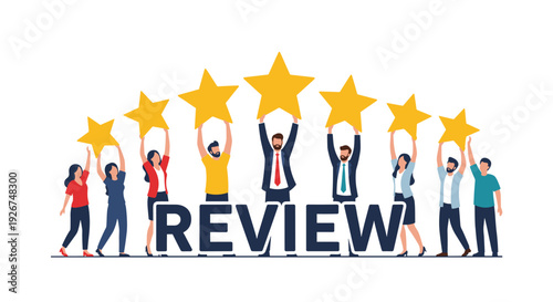 Group of diverse people holding up large gold stars above the word review, representing excellent feedback and customer satisfaction ratings.