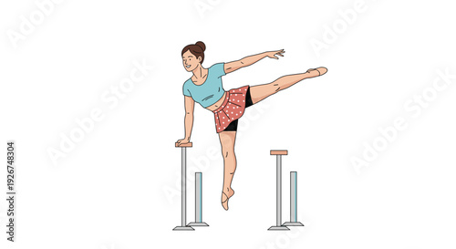 Female acrobat performing a challenging balance move on handstand poles, showcasing strength, grace, and flexibility in a circus act style.