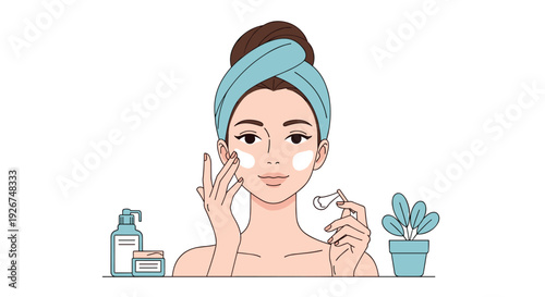 A woman wearing a blue headband applies white facial cream to her cheeks while holding a cotton swab near products.
