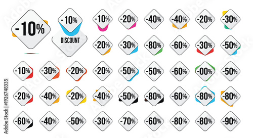 Extensive collection of discount price tags ranging from ten to ninety percent off for promotional sales events and retail store discounts.