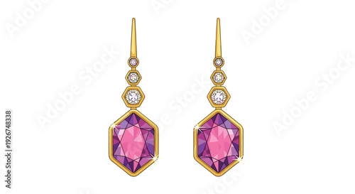 Pair of elegant gold drop earrings featuring hexagonal pink and purple gemstones and small diamond accents for a luxurious fashion look.