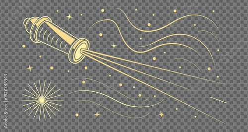 Yellow firework rocket with sparks and stars on gray background
