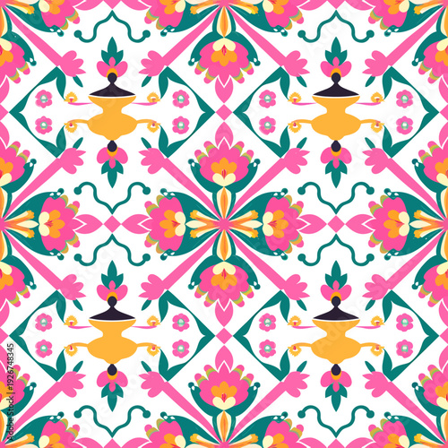 vector seamless repeating rangoli pattern in flat vector style. The design features symmetrical geometric shapes, floral motifs, peacocks, lotus flowers, and traditional oil lamps (divas).