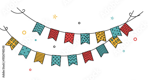 Decorative party bunting featuring two strings of colorful patterned flags for celebrations, birthdays, and festive community events.