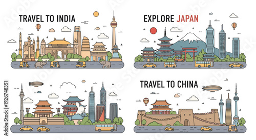 Travel promotion posters for India, Japan, and China showcasing iconic national landmarks and cultural symbols for tourists and travelers.