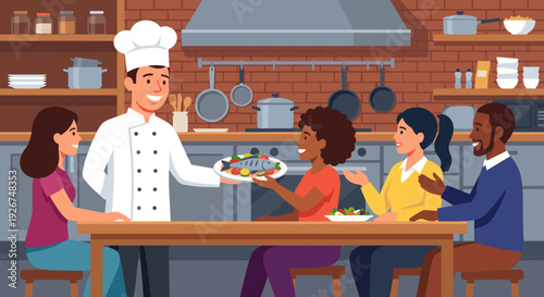 Smiling professional chef in a uniform presenting a cooked fish dish to a group of happy friends sitting at a table in a restaurant kitchen