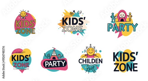 Colorful collection of various Kids Zone and Kids Party labels and logos designed for children's entertainment areas and birthday events.