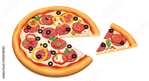 Delicious pepperoni pizza with various vegetable toppings on a thick crust is shown with one slice separated from the whole pie.