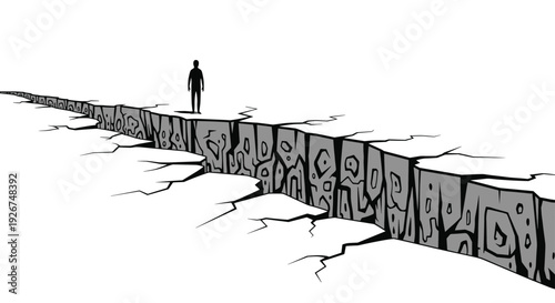 Silhouette of a man standing on a vast white plain near a deep and dangerous geological crack in the earth's surface.