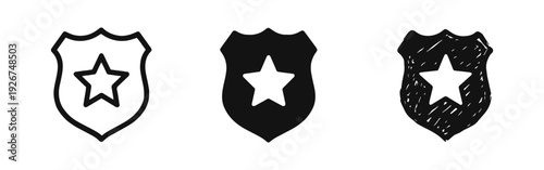 Police Badge Icon Set - Sheriff Shield with Star in Outline, Solid, and Sketchy Styles