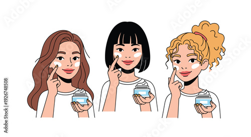 Three women with diverse hairstyles apply white facial cream to their cheeks from blue jars on a white background.