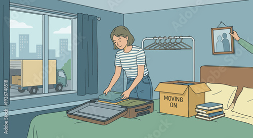 Young woman carefully packing clothes into a suitcase in a bedroom, with a moving truck outside and a box on the bed signifying a fresh start and relocation