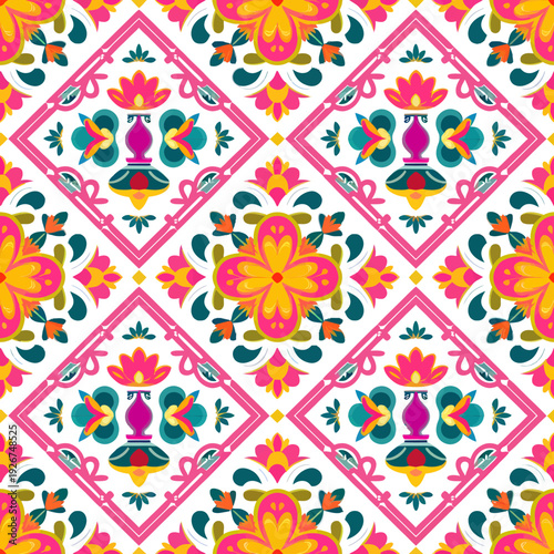 vector seamless repeating rangoli pattern in flat vector style. The design features symmetrical geometric shapes, floral motifs, peacocks, lotus flowers, and traditional oil lamps (divas).