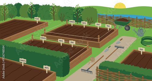 Raised wooden garden beds with fertile soil and vegetable markers prepared for spring planting in a sunny community allotment with various gardening tools