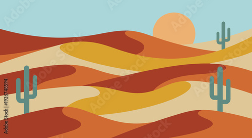 Flat vector illustration of a desert landscape with rolling sand dunes, saguaro cacti, and a setting sun under a clear blue sky in a minimalist, retro style