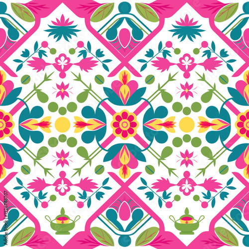 vector seamless repeating rangoli pattern in flat vector style. The design features symmetrical geometric shapes, floral motifs, peacocks, lotus flowers, and traditional oil lamps (divas).