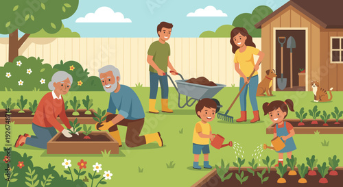 Happy three-generation family gardening together in their backyard, with children watering vegetables, parents raking, and grandparents planting seedlings in a raised garden bed